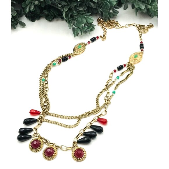 Vintage Layered Gold Chain Necklace With Red & Black Beads & Faux Ruby Beads - Picture 1 of 8